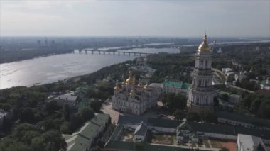 This stock video shows an aerial view of the historical symbol of Kyiv, Ukraine - Kyiv Pechersk Lavra in 8K resolution