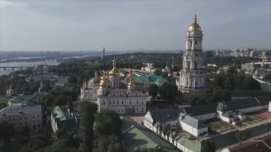 This stock video shows an aerial view of the historical symbol of Kyiv, Ukraine - Kyiv Pechersk Lavra in 8K resolution