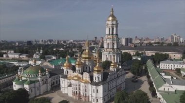 This stock video shows an aerial view of the historical symbol of Kyiv, Ukraine - Kyiv Pechersk Lavra in 8K resolution