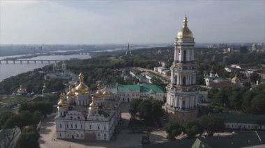 This stock video shows an aerial view of the historical symbol of Kyiv, Ukraine - Kyiv Pechersk Lavra in 8K resolution