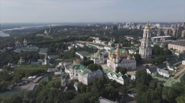 This stock video shows an aerial view of the historical symbol of Kyiv, Ukraine - Kyiv Pechersk Lavra in 8K resolution