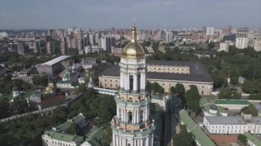 This stock video shows an aerial view of the historical symbol of Kyiv, Ukraine - Kyiv Pechersk Lavra in 8K resolution