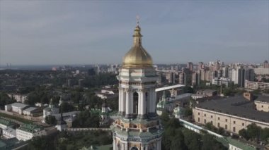 This stock video shows an aerial view of the historical symbol of Kyiv, Ukraine - Kyiv Pechersk Lavra in 8K resolution