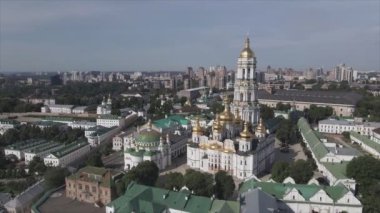 This stock video shows an aerial view of the historical symbol of Kyiv, Ukraine - Kyiv Pechersk Lavra in 8K resolution
