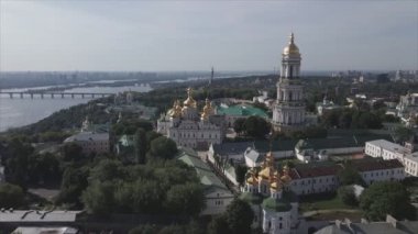 This stock video shows an aerial view of the historical symbol of Kyiv, Ukraine - Kyiv Pechersk Lavra in 8K resolution