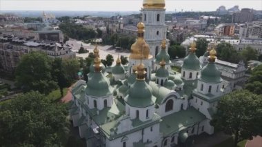 This stock video shows an aerial view of St. Sophia Cathedral in Kyiv, Ukraine In 8K resolution