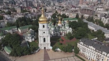 This stock video shows an aerial view of St. Sophia Cathedral in Kyiv, Ukraine In 8K resolution
