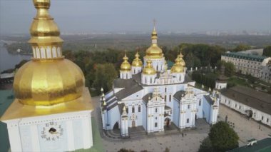 This stock video shows an aerial view of the St. Michaels Golden-Domed Cathedral in Kyiv, Ukraine in 8K resolution