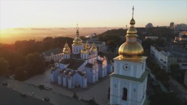 This stock video shows an aerial view of the St. Michaels Golden-Domed Cathedral in Kyiv, Ukraine in 8K resolution