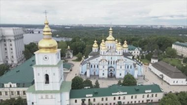 This stock video shows an aerial view of the St. Michaels Golden-Domed Cathedral in Kyiv, Ukraine in 8K resolution