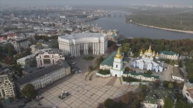 This stock video shows an aerial view of the St. Michaels Golden-Domed Cathedral in Kyiv, Ukraine in 8K resolution
