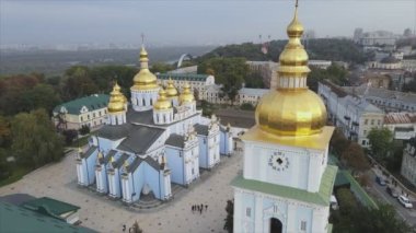 This stock video shows an aerial view of the St. Michaels Golden-Domed Cathedral in Kyiv, Ukraine in 8K resolution
