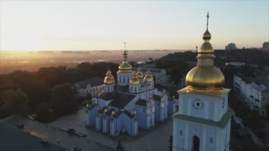 This stock video shows an aerial view of the St. Michaels Golden-Domed Cathedral in Kyiv, Ukraine in 8K resolution