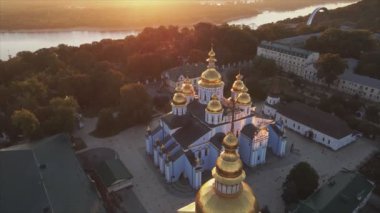 This stock video shows an aerial view of the St. Michaels Golden-Domed Cathedral in Kyiv, Ukraine in 8K resolution