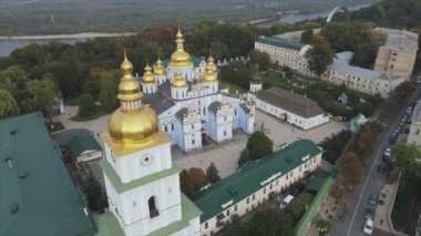 This stock video shows an aerial view of the St. Michaels Golden-Domed Cathedral in Kyiv, Ukraine in 8K resolution