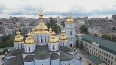 This stock video shows an aerial view of the St. Michaels Golden-Domed Cathedral in Kyiv, Ukraine in 8K resolution