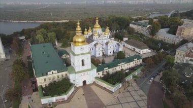 This stock video shows an aerial view of the St. Michaels Golden-Domed Cathedral in Kyiv, Ukraine in 8K resolution