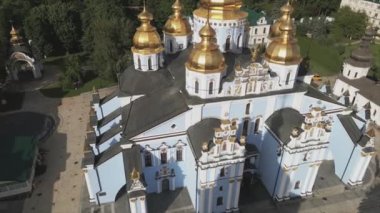 This stock video shows an aerial view of the St. Michaels Golden-Domed Cathedral in Kyiv, Ukraine in 8K resolution