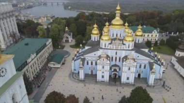 This stock video shows an aerial view of the St. Michaels Golden-Domed Cathedral in Kyiv, Ukraine in 8K resolution