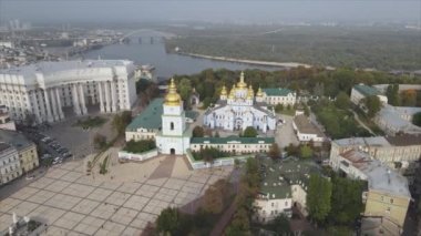 This stock video shows an aerial view of the St. Michaels Golden-Domed Cathedral in Kyiv, Ukraine in 8K resolution