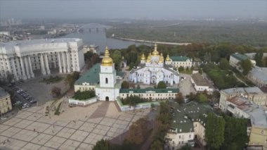 This stock video shows an aerial view of the St. Michaels Golden-Domed Cathedral in Kyiv, Ukraine in 8K resolution