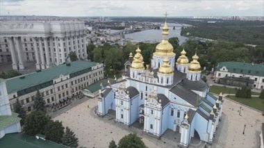 This stock video shows an aerial view of the St. Michaels Golden-Domed Cathedral in Kyiv, Ukraine in 8K resolution