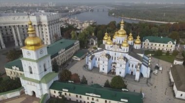 This stock video shows an aerial view of the St. Michaels Golden-Domed Cathedral in Kyiv, Ukraine in 8K resolution