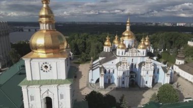 This stock video shows an aerial view of the St. Michaels Golden-Domed Cathedral in Kyiv, Ukraine in 8K resolution