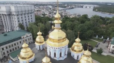This stock video shows an aerial view of the St. Michaels Golden-Domed Cathedral in Kyiv, Ukraine in 8K resolution