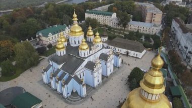 This stock video shows an aerial view of the St. Michaels Golden-Domed Cathedral in Kyiv, Ukraine in 8K resolution