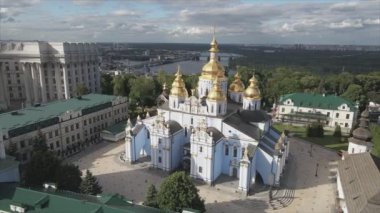 This stock video shows an aerial view of the St. Michaels Golden-Domed Cathedral in Kyiv, Ukraine in 8K resolution