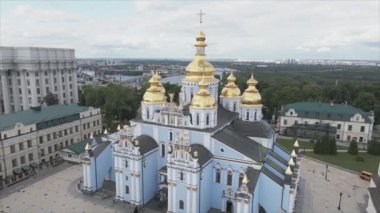 This stock video shows an aerial view of the St. Michaels Golden-Domed Cathedral in Kyiv, Ukraine in 8K resolution
