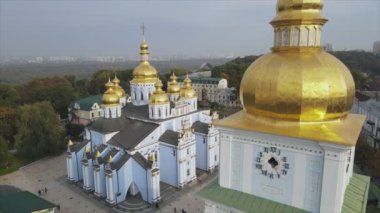 This stock video shows an aerial view of the St. Michaels Golden-Domed Cathedral in Kyiv, Ukraine in 8K resolution