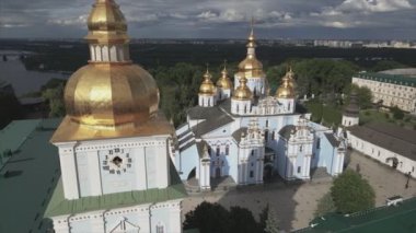 This stock video shows an aerial view of the St. Michaels Golden-Domed Cathedral in Kyiv, Ukraine in 8K resolution