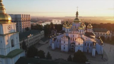 This stock video shows an aerial view of the St. Michaels Golden-Domed Cathedral in Kyiv, Ukraine in 8K resolution