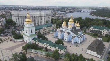 This stock video shows an aerial view of the St. Michaels Golden-Domed Cathedral in Kyiv, Ukraine in 8K resolution