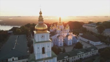 This stock video shows an aerial view of the St. Michaels Golden-Domed Cathedral in Kyiv, Ukraine in 8K resolution