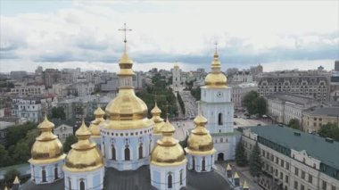 This stock video shows an aerial view of the St. Michaels Golden-Domed Cathedral in Kyiv, Ukraine in 8K resolution