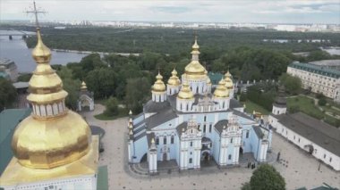 This stock video shows an aerial view of the St. Michaels Golden-Domed Cathedral in Kyiv, Ukraine in 8K resolution