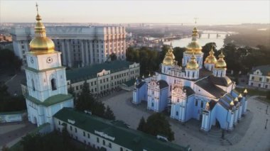 This stock video shows an aerial view of the St. Michaels Golden-Domed Cathedral in Kyiv, Ukraine in 8K resolution