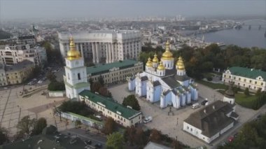 This stock video shows an aerial view of the St. Michaels Golden-Domed Cathedral in Kyiv, Ukraine in 8K resolution
