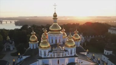This stock video shows an aerial view of the St. Michaels Golden-Domed Cathedral in Kyiv, Ukraine in 8K resolution