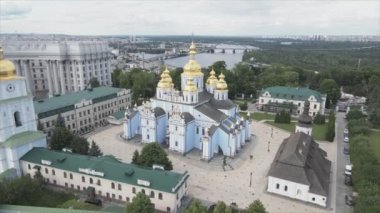 This stock video shows an aerial view of the St. Michaels Golden-Domed Cathedral in Kyiv, Ukraine in 8K resolution