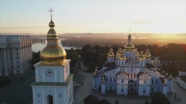 This stock video shows an aerial view of the St. Michaels Golden-Domed Cathedral in Kyiv, Ukraine in 8K resolution