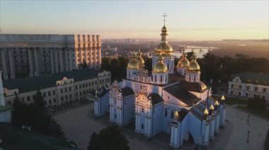 This stock video shows an aerial view of the St. Michaels Golden-Domed Cathedral in Kyiv, Ukraine in 8K resolution