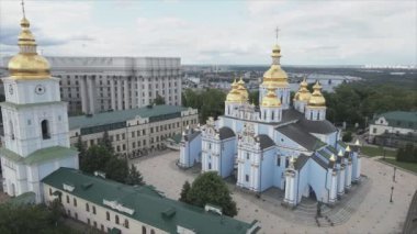 This stock video shows an aerial view of the St. Michaels Golden-Domed Cathedral in Kyiv, Ukraine in 8K resolution