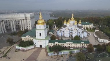 This stock video shows an aerial view of the St. Michaels Golden-Domed Cathedral in Kyiv, Ukraine in 8K resolution