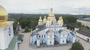 This stock video shows an aerial view of the St. Michaels Golden-Domed Cathedral in Kyiv, Ukraine in 8K resolution