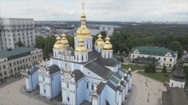 This stock video shows an aerial view of the St. Michaels Golden-Domed Cathedral in Kyiv, Ukraine in 8K resolution