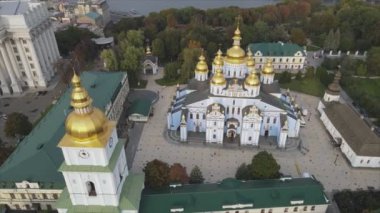 This stock video shows an aerial view of the St. Michaels Golden-Domed Cathedral in Kyiv, Ukraine in 8K resolution